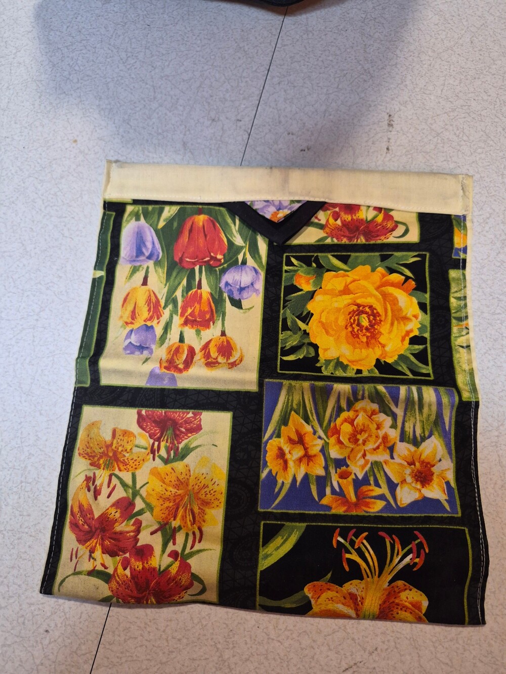Floral Fabric Panel Yellow Black Cream Flower Pattern Textile